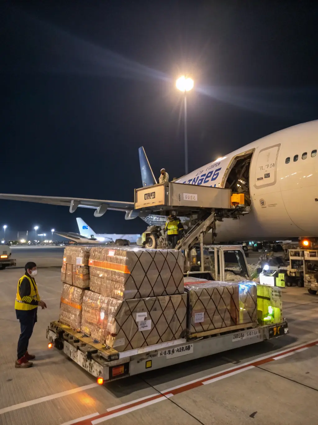 A high-angle, brightly lit photograph of a modern cargo plane being loaded with goods at an airport, emphasizing efficiency and speed, for the Aerospace & Defense industry section on Blueunionson's website.