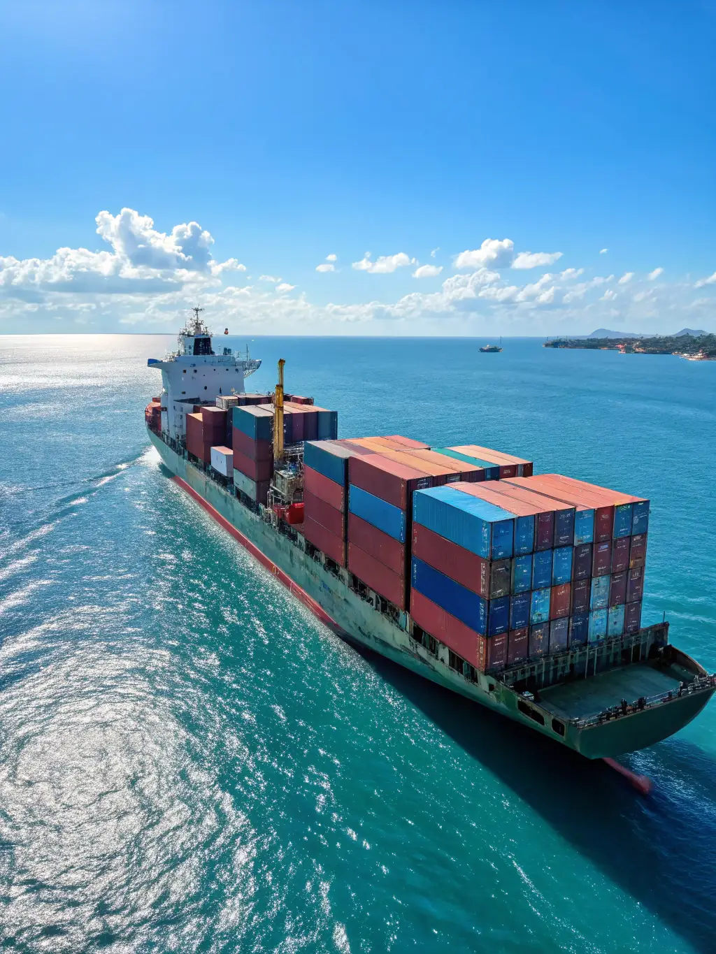 A medium shot of a cargo ship carrying containers filled with humanitarian aid supplies, with a focus on the Blueunionson logo on one of the containers, for the Aid & Relief industry section.