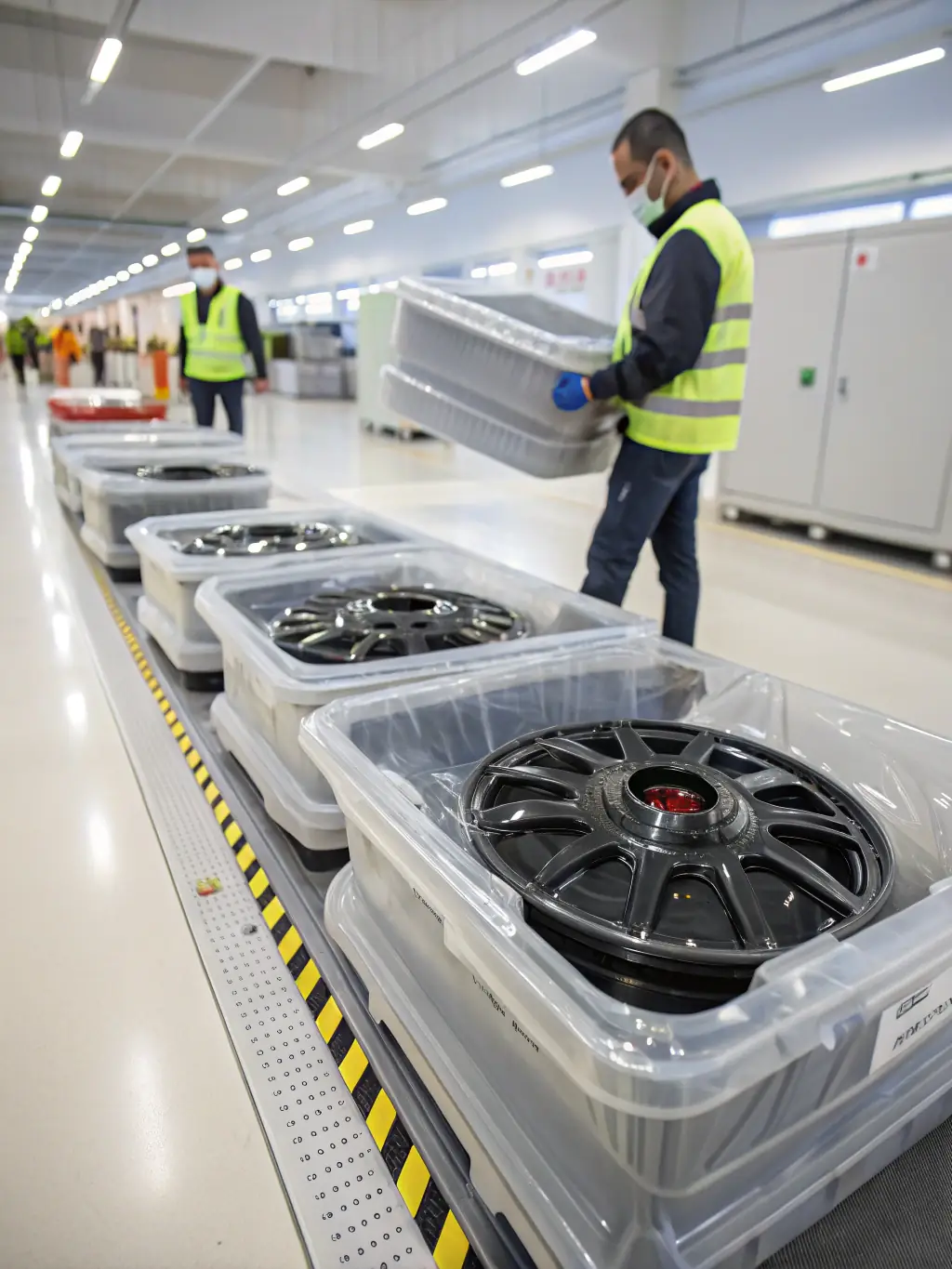 A close-up shot of a car part being carefully packaged in a warehouse, highlighting the precision and care taken in handling automotive components, for the Automotive industry section.