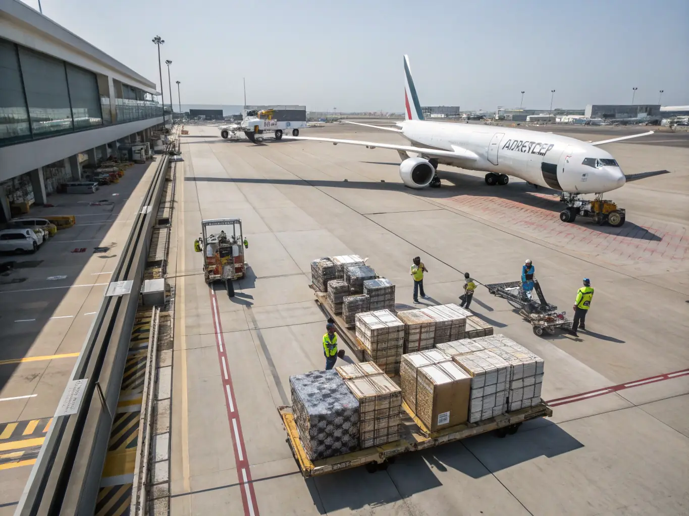 A high-angle shot of a modern cargo plane being loaded with goods at an airport during the day, emphasizing the fast-paced nature of air freight logistics for the aerospace industry.
